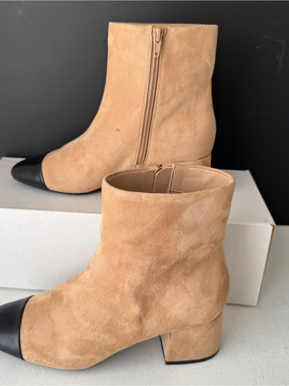 ON 34th Janette Cap-Toe Booties Camel Micro Faux Suede Block Heel Womens Size 7M